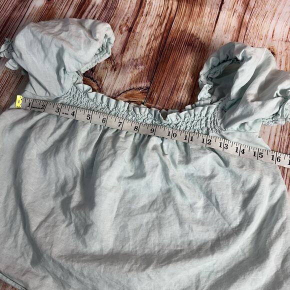 Aritzia Sunday Best Sz Small Teal Linen Blend Crop Top Shirt Elastic Puff Sleeve - Picture 5 of 9